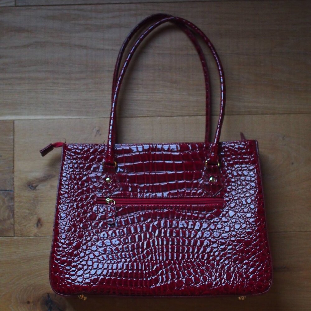 Like NEW Embossed Enameled Alligator Skin Handbag in Burgundy